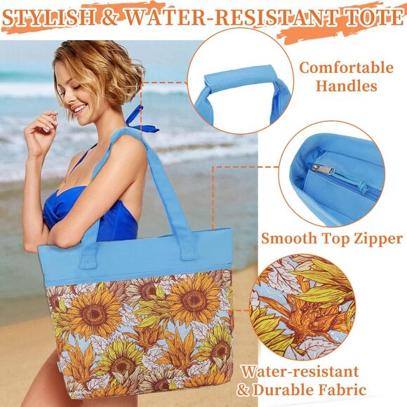 Women's Blue Sun Flower Large Lightweight Zipper Travel Totes Separation Bags - Picture 4 of 7
